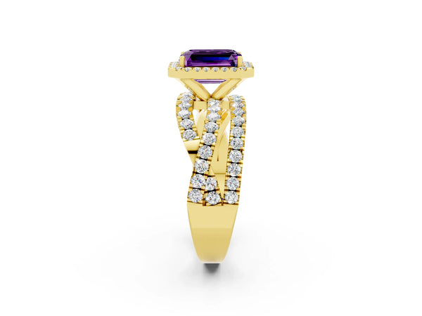 Yellow gold Emerald Cut Amethyst Halo Ring with Round Split Shank and Prong Setting