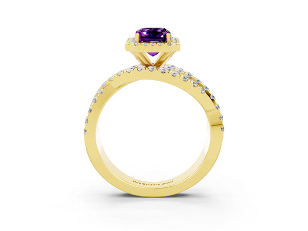 Yellow gold Emerald Cut Amethyst Halo Ring with Round Split Shank and Prong Setting