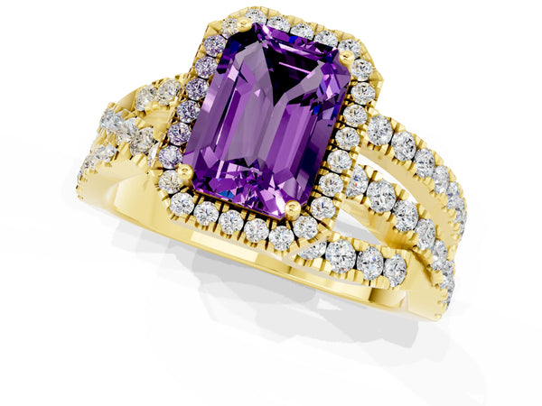 Yellow gold Emerald Cut Amethyst Halo Ring with Round Split Shank and Prong Setting
