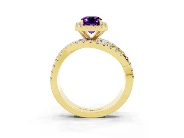 Yellow gold Emerald Cut Amethyst Halo Ring with Round Split Shank and Prong Setting