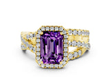 Yellow gold Emerald Cut Amethyst Halo Ring with Round Split Shank and Prong Setting_48
