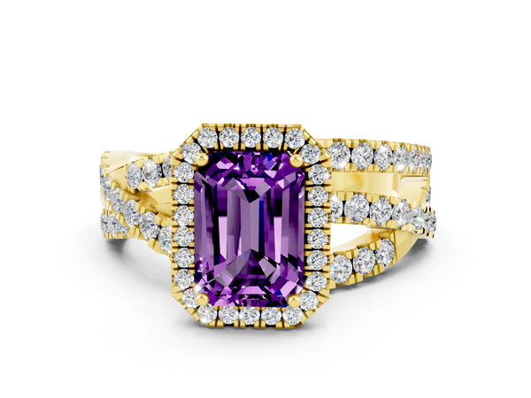 Yellow Gold Emerald Cut Amethyst Halo Engagement Ring with Twisted Pave Split Shank