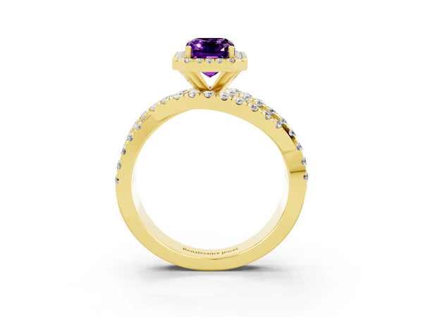 Yellow Gold Emerald Cut Amethyst Halo Engagement Ring with Twisted Pave Split Shank