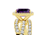 Yellow gold Emerald Cut Amethyst Halo Ring with Round Split Shank and Prong Setting_53