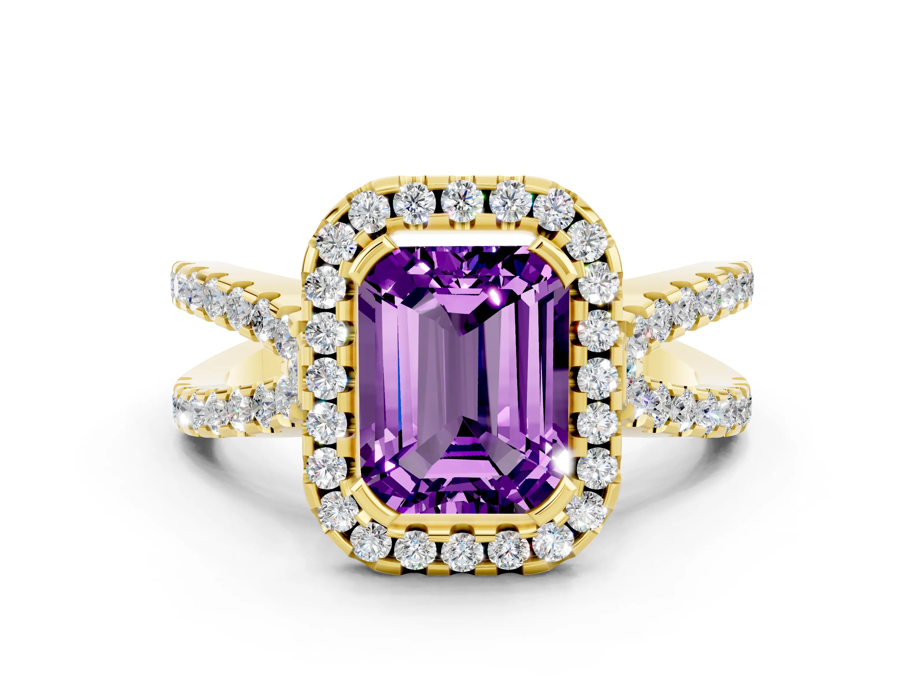 Yellow gold Emerald Cut Amethyst Halo Ring with Split Shank Pavé Band and Prong Setting