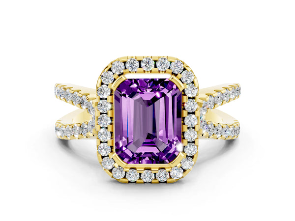 Yellow gold Emerald Cut Amethyst Halo Ring with Split Shank Pavé Band and Prong Setting