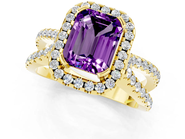 Yellow gold Emerald Cut Amethyst Halo Ring with Split Shank Pavé Band and Prong Setting