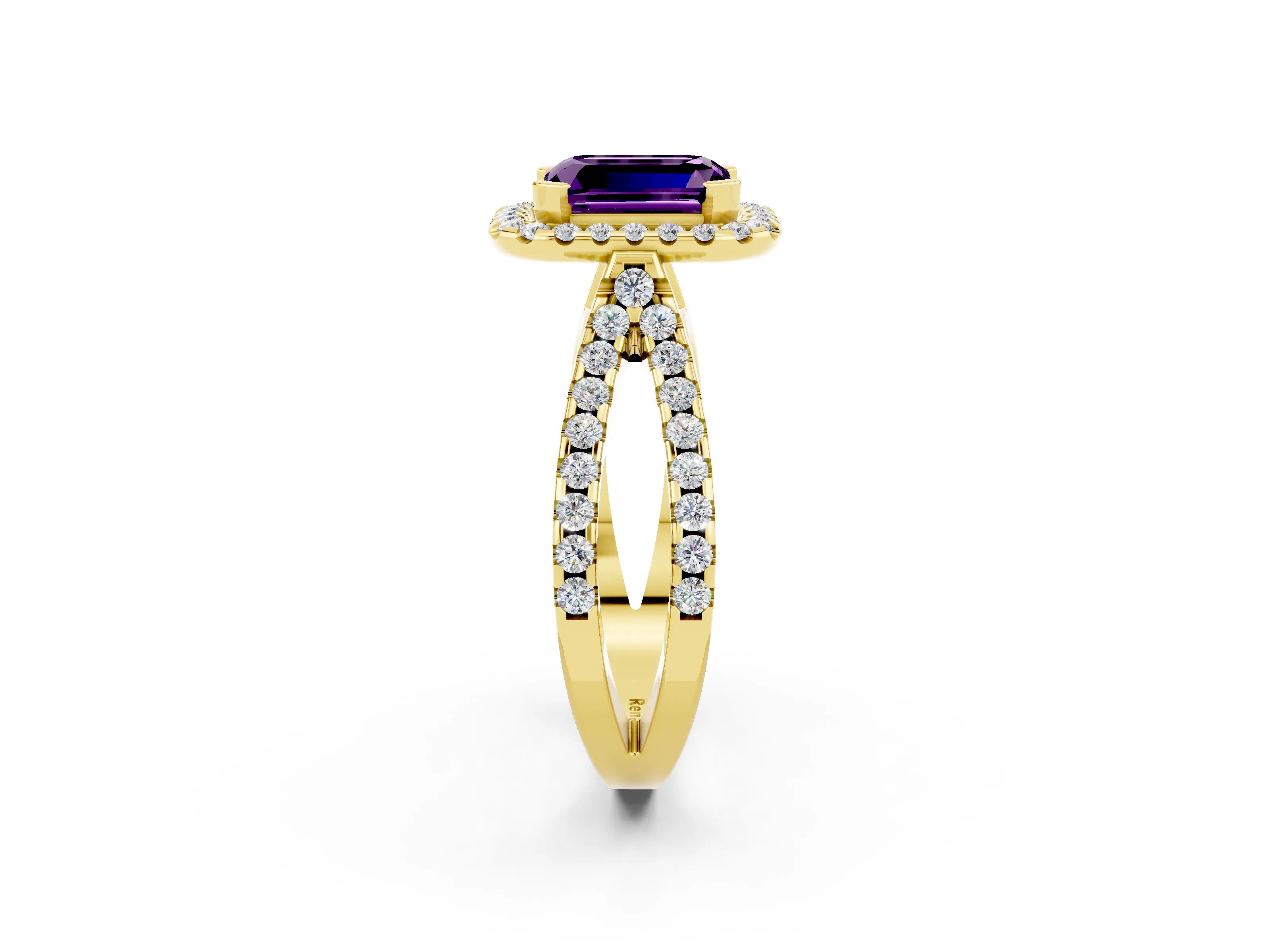 Yellow gold Emerald Cut Amethyst Halo Ring with Split Shank Pavé Band and Prong Setting_2