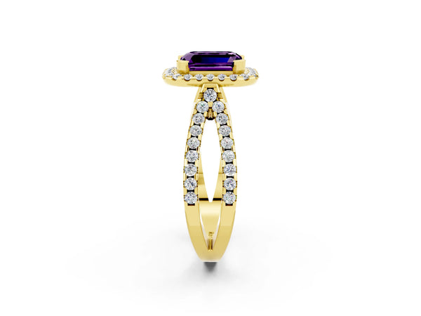 Yellow gold Emerald Cut Amethyst Halo Ring with Split Shank Pavé Band and Prong Setting