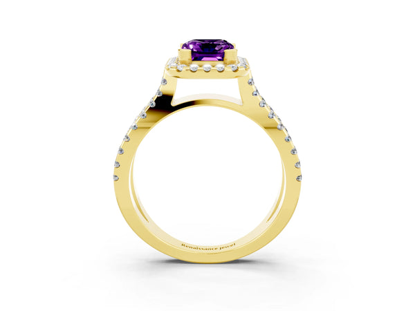 Yellow gold Emerald Cut Amethyst Halo Ring with Split Shank Pavé Band and Prong Setting