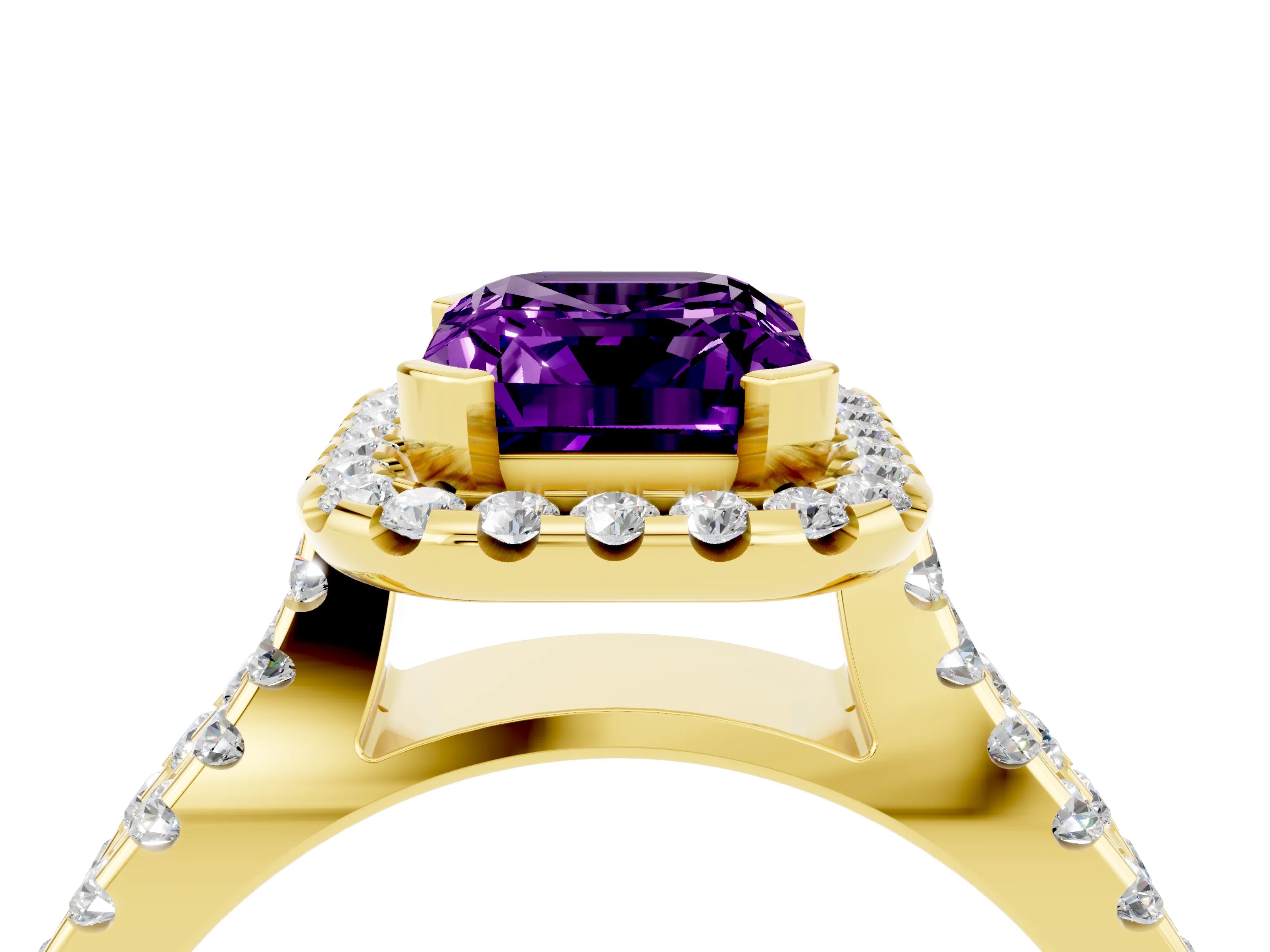 Yellow gold Emerald Cut Amethyst Halo Ring with Split Shank Pavé Band and Prong Setting_4