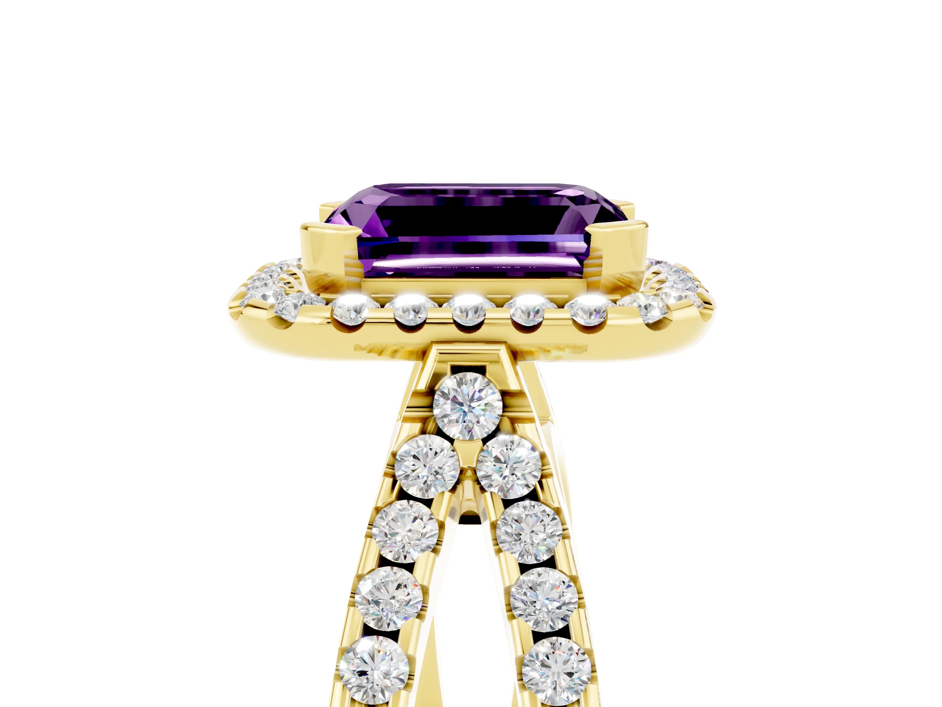 Yellow gold Emerald Cut Amethyst Halo Ring with Split Shank Pavé Band and Prong Setting_5