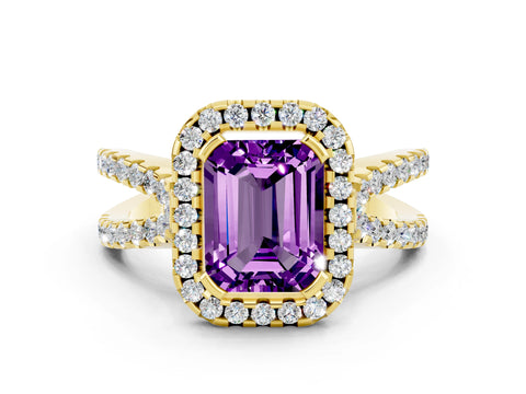 Yellow gold Emerald Cut Amethyst Halo Ring with Split Shank Pavé Band and Prong Setting