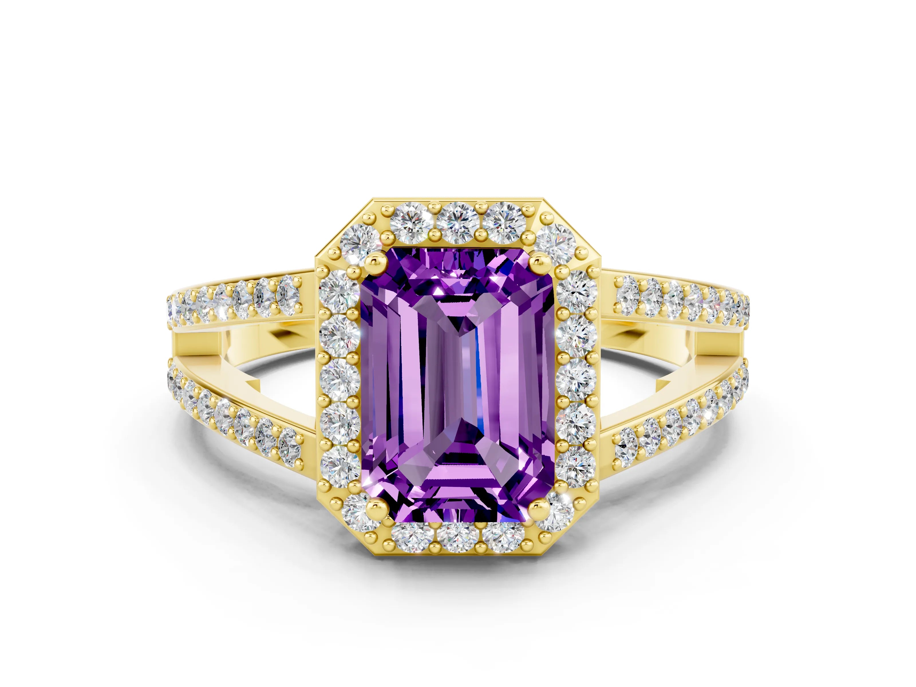 Yellow gold Emerald Cut Amethyst Halo Ring with Split Shank U-Prong Band and Four-Prong Setting