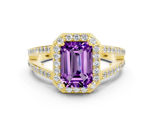 Yellow gold Emerald Cut Amethyst Halo Ring with Split Shank U-Prong Band and Four-Prong Setting