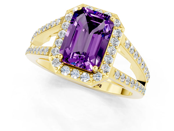 Yellow gold Emerald Cut Amethyst Halo Ring with Split Shank U-Prong Band and Four-Prong Setting