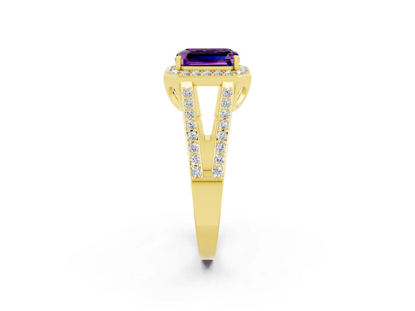 Yellow gold Emerald Cut Amethyst Halo Ring with Split Shank U-Prong Band and Four-Prong Setting