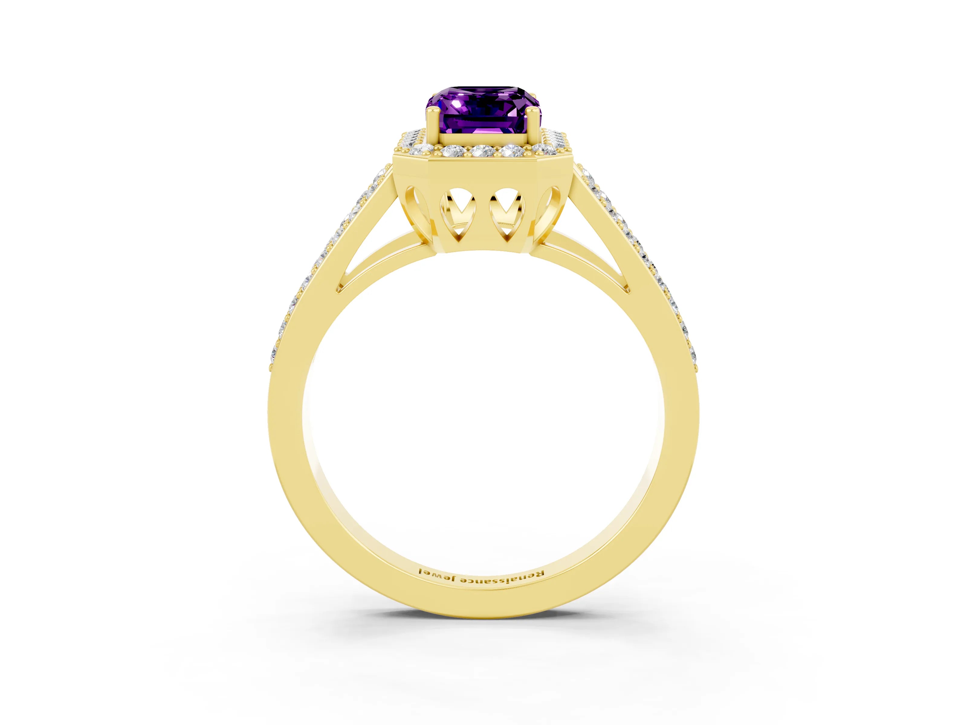 Yellow gold Emerald Cut Amethyst Halo Ring with Split Shank U-Prong Band and Four-Prong Setting_3