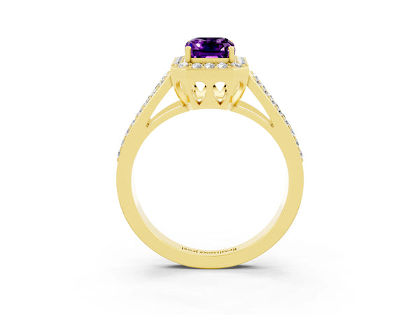 Yellow gold Emerald Cut Amethyst Halo Ring with Split Shank U-Prong Band and Four-Prong Setting