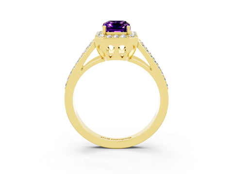 Yellow gold Emerald Cut Amethyst Halo Ring with Split Shank U-Prong Band and Four-Prong Setting_3