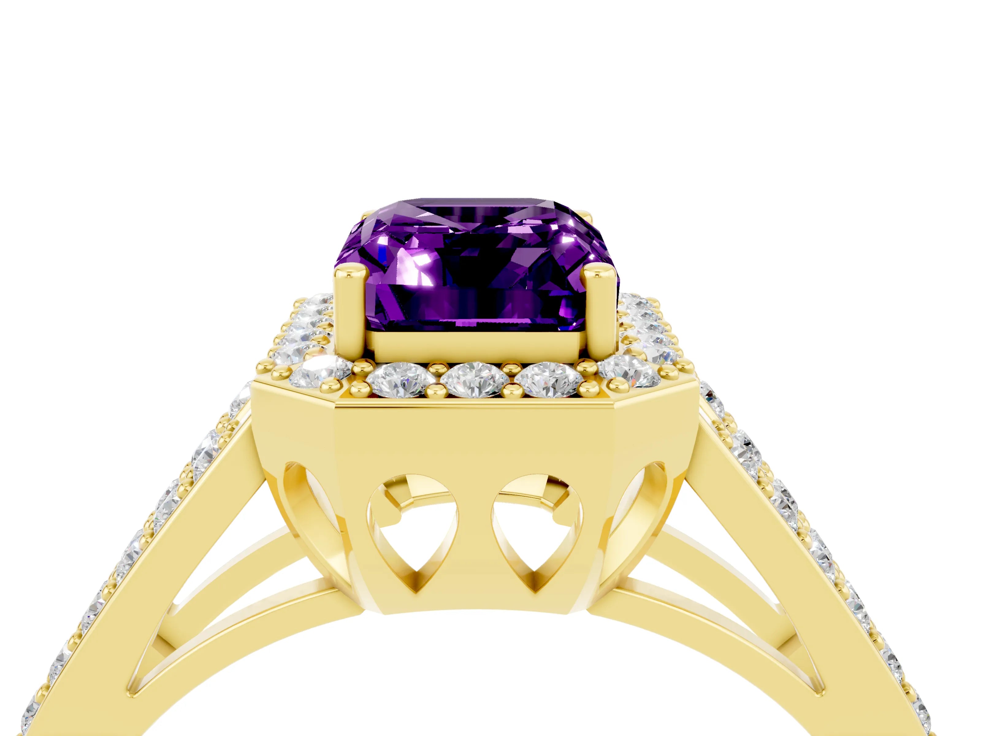 Yellow gold Emerald Cut Amethyst Halo Ring with Split Shank U-Prong Band and Four-Prong Setting_4