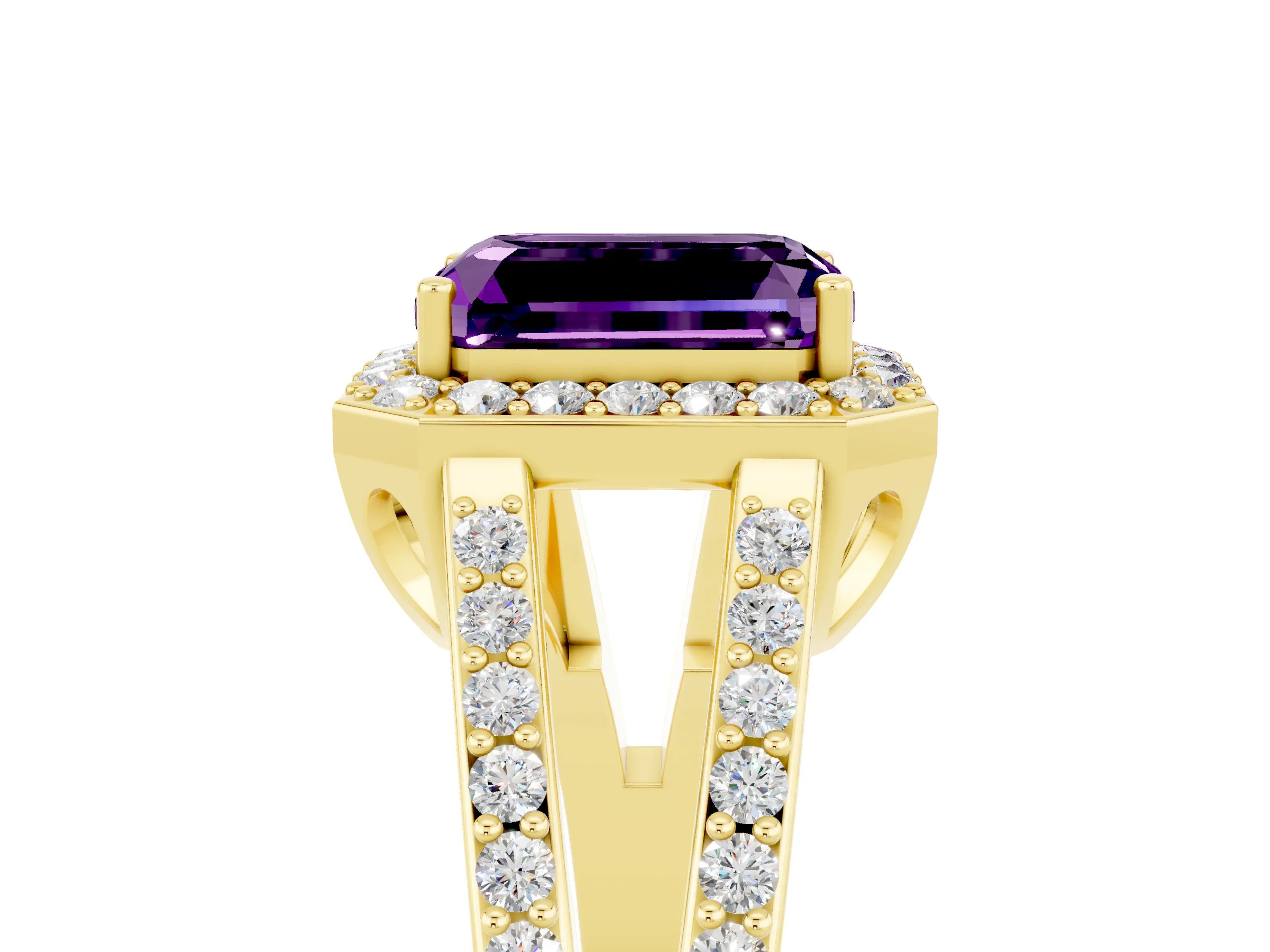 Yellow gold Emerald Cut Amethyst Halo Ring with Split Shank U-Prong Band and Four-Prong Setting_5