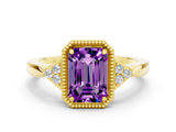 Yellow gold Emerald Cut Amethyst Halo Ring with Tapered Band and Four-Prong Setting