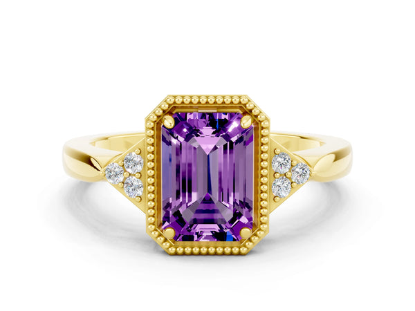 Yellow gold Emerald Cut Amethyst Halo Ring with Tapered Band and Four-Prong Setting