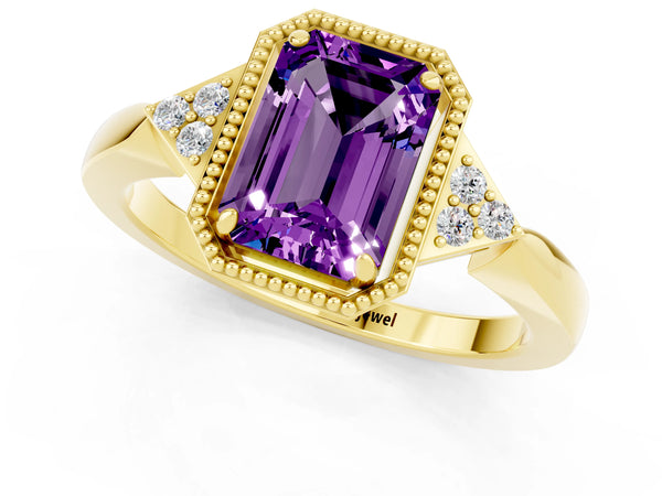 Yellow gold Emerald Cut Amethyst Halo Ring with Tapered Band and Four-Prong Setting
