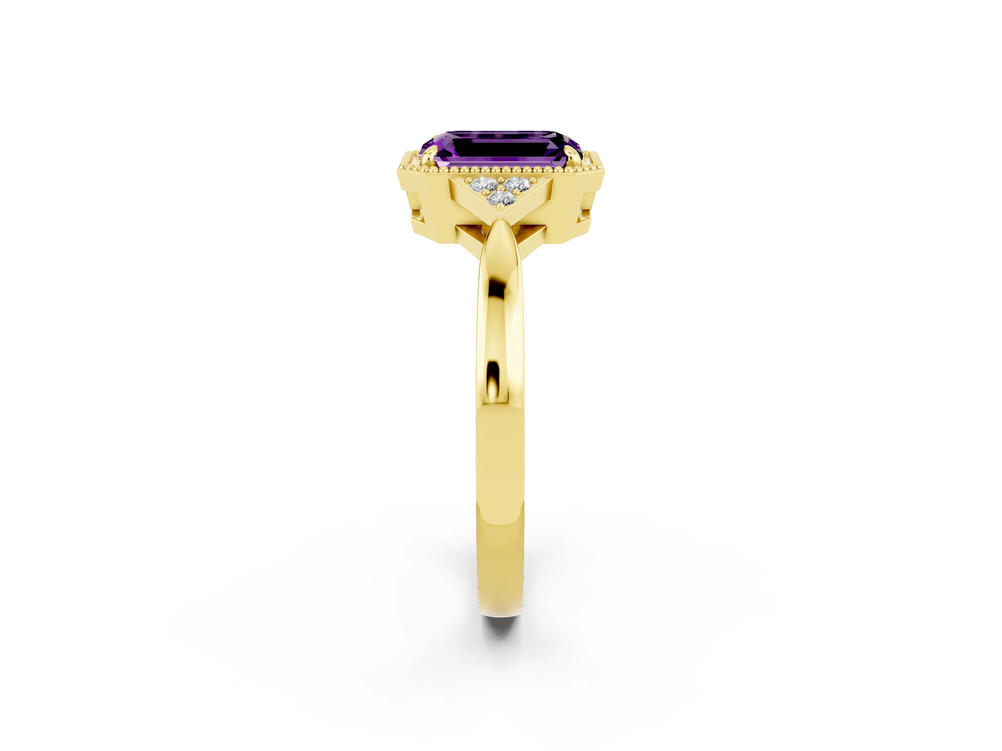 Yellow gold Emerald Cut Amethyst Halo Ring with Tapered Band and Four-Prong Setting_2