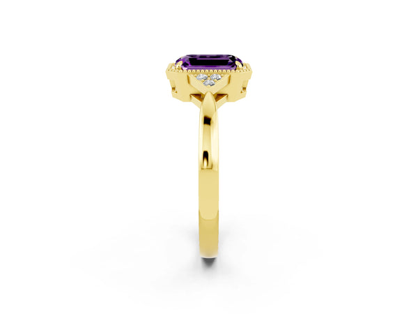 Yellow gold Emerald Cut Amethyst Halo Ring with Tapered Band and Four-Prong Setting