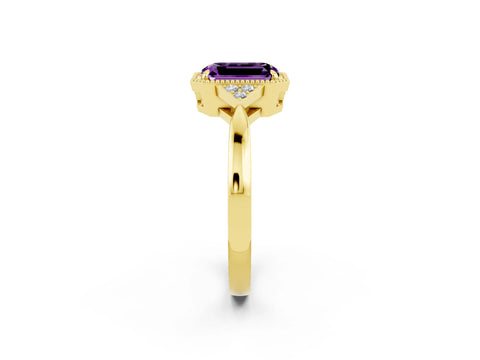 Yellow gold Emerald Cut Amethyst Halo Ring with Tapered Band and Four-Prong Setting_2