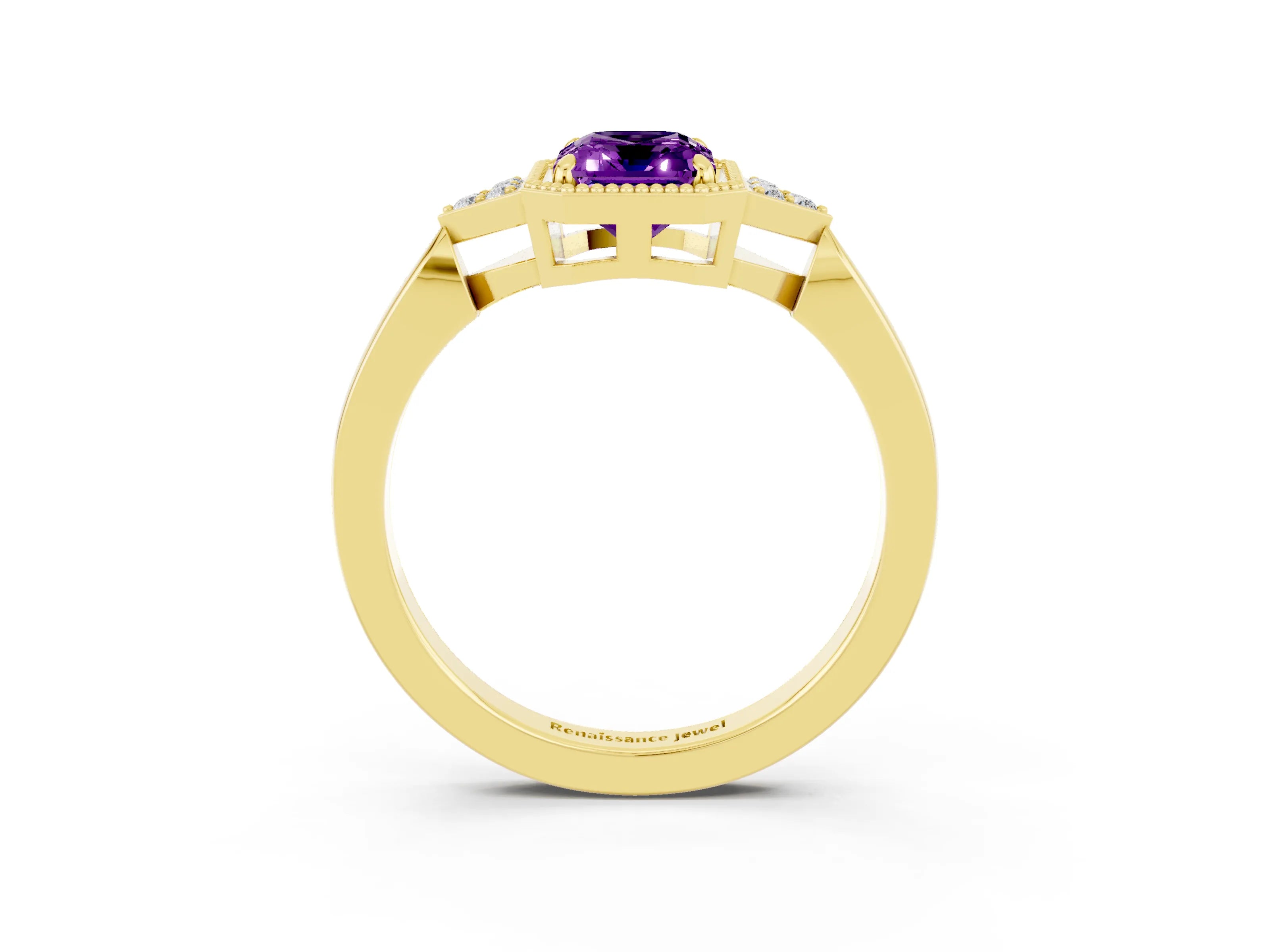 Yellow gold Emerald Cut Amethyst Halo Ring with Tapered Band and Four-Prong Setting_3