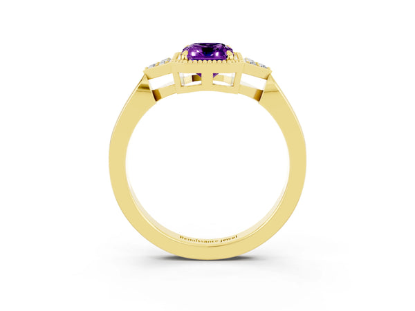 Yellow gold Emerald Cut Amethyst Halo Ring with Tapered Band and Four-Prong Setting