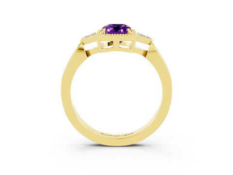 Yellow gold Emerald Cut Amethyst Halo Ring with Tapered Band and Four-Prong Setting_3