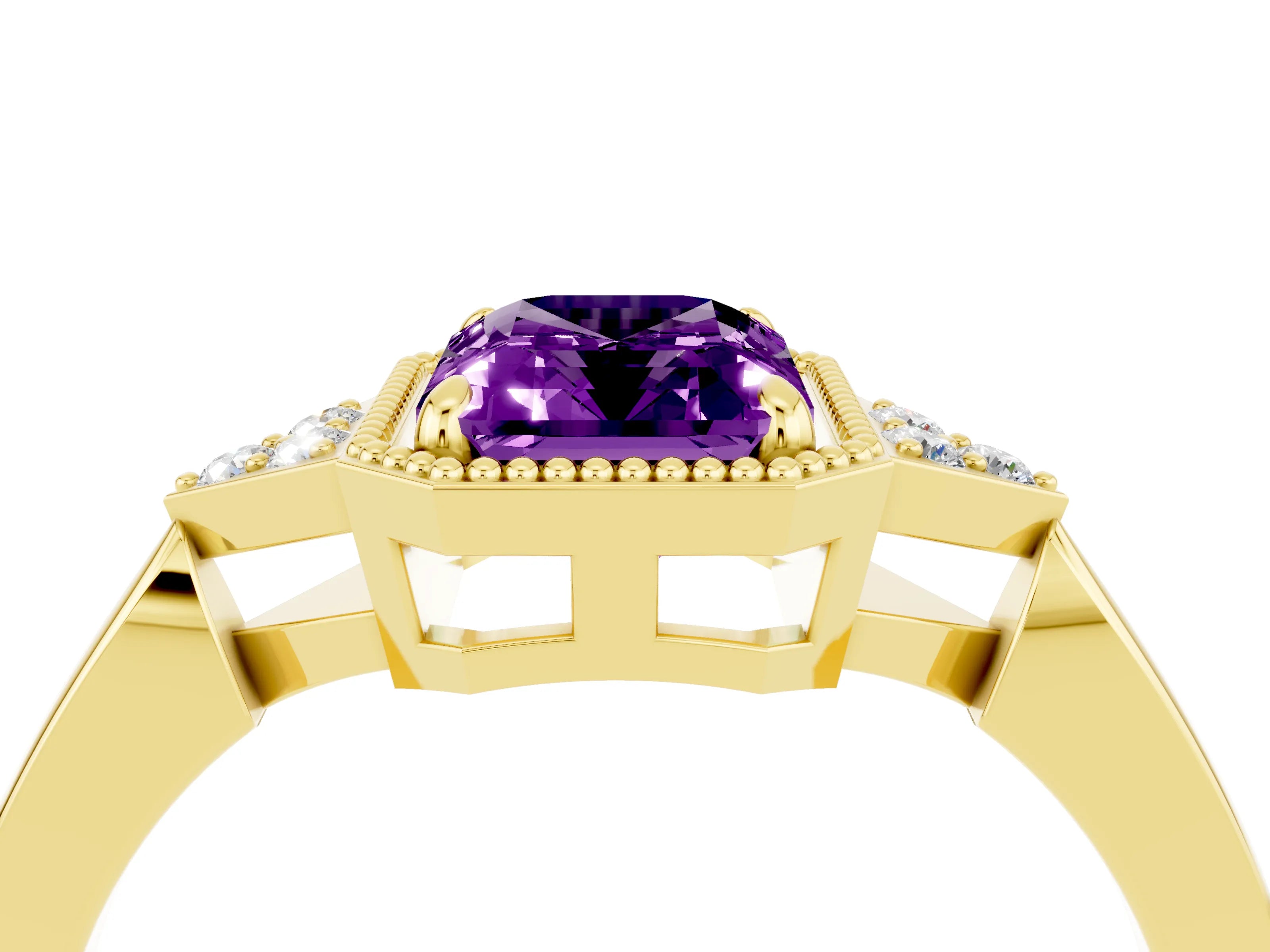Yellow gold Emerald Cut Amethyst Halo Ring with Tapered Band and Four-Prong Setting_4