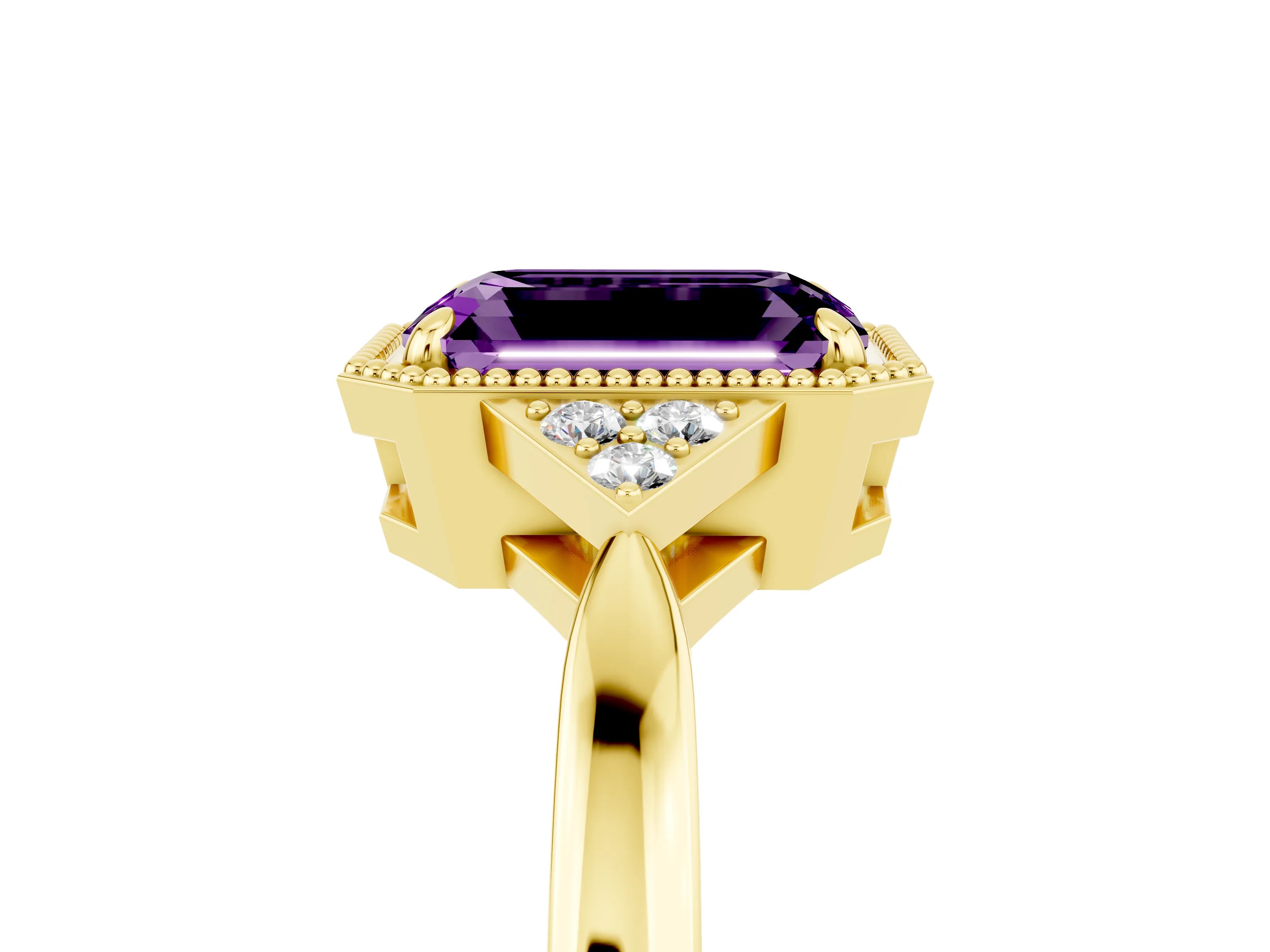 Yellow gold Emerald Cut Amethyst Halo Ring with Tapered Band and Four-Prong Setting_5