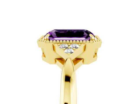 Yellow gold Emerald Cut Amethyst Halo Ring with Tapered Band and Four-Prong Setting_5