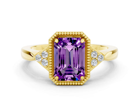 Yellow gold Emerald Cut Amethyst Halo Ring with Tapered Band and Four-Prong Setting