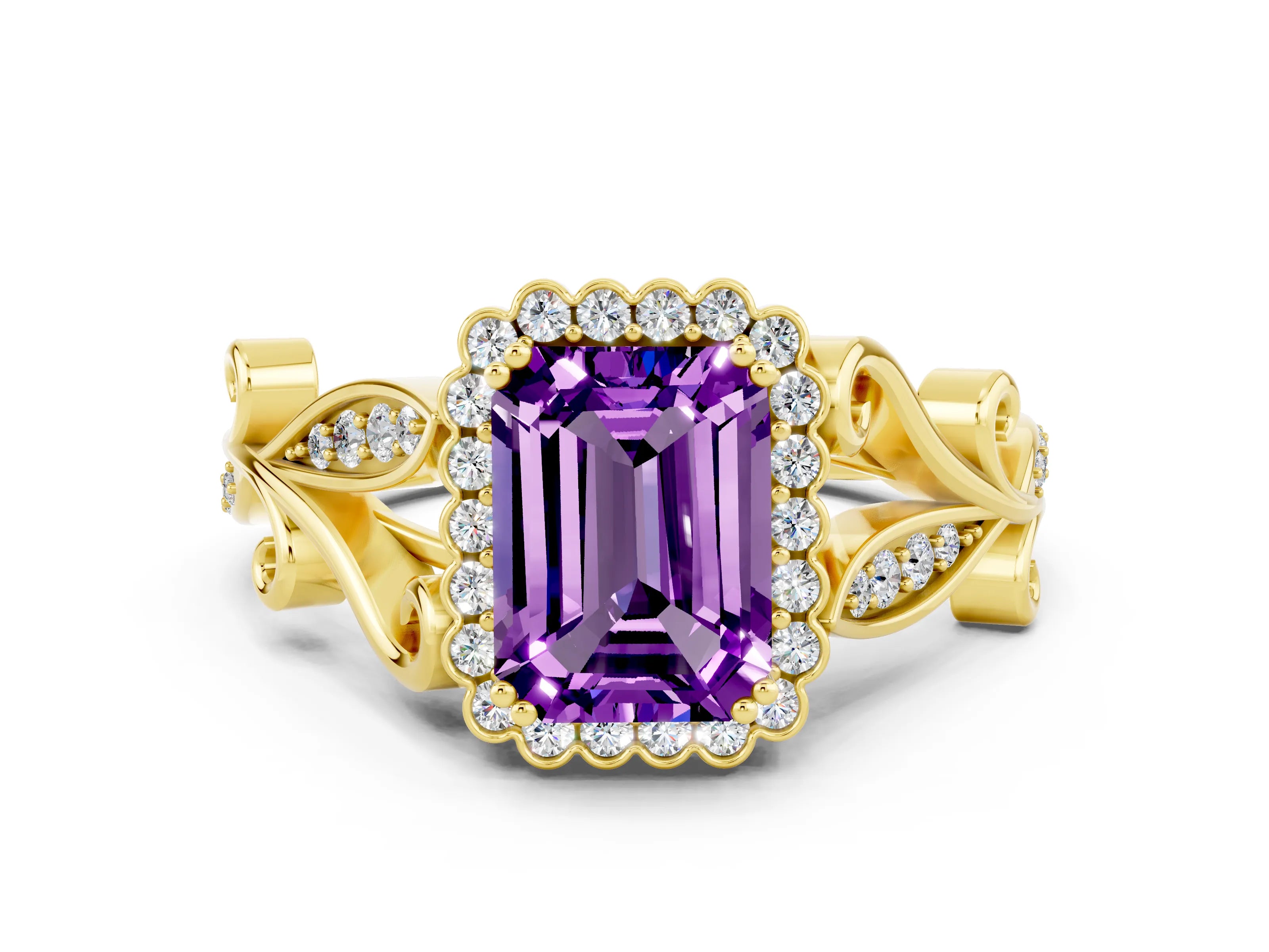 Yellow gold Emerald Cut Amethyst Halo Ring with Vintage Split Shank and Four-Prong Setting