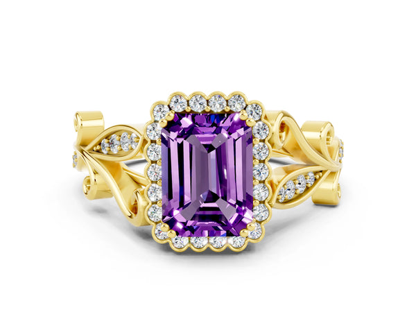 Yellow gold Emerald Cut Amethyst Halo Ring with Vintage Split Shank and Four-Prong Setting