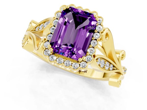 Yellow gold Emerald Cut Amethyst Halo Ring with Vintage Split Shank and Four-Prong Setting