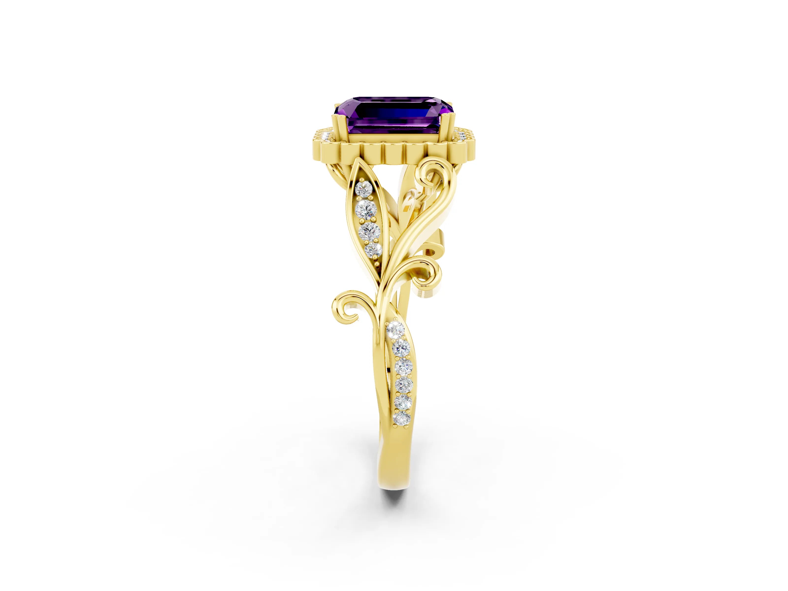 Yellow gold Emerald Cut Amethyst Halo Ring with Vintage Split Shank and Four-Prong Setting_2