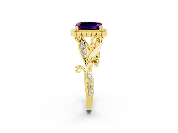 Yellow gold Emerald Cut Amethyst Halo Ring with Vintage Split Shank and Four-Prong Setting