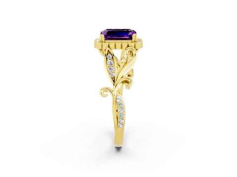 Yellow gold Emerald Cut Amethyst Halo Ring with Vintage Split Shank and Four-Prong Setting_2
