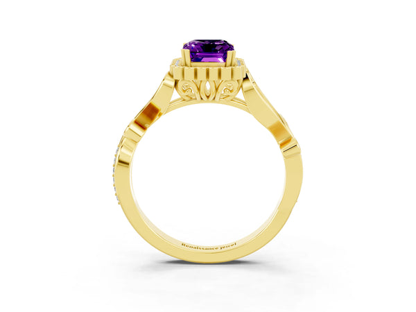 Yellow gold Emerald Cut Amethyst Halo Ring with Vintage Split Shank and Four-Prong Setting