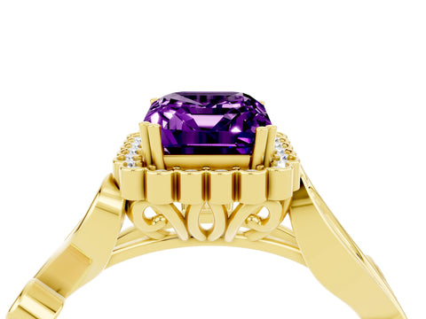 Yellow gold Emerald Cut Amethyst Halo Ring with Vintage Split Shank and Four-Prong Setting_4
