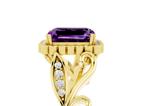 Yellow gold Emerald Cut Amethyst Halo Ring with Vintage Split Shank and Four-Prong Setting_5