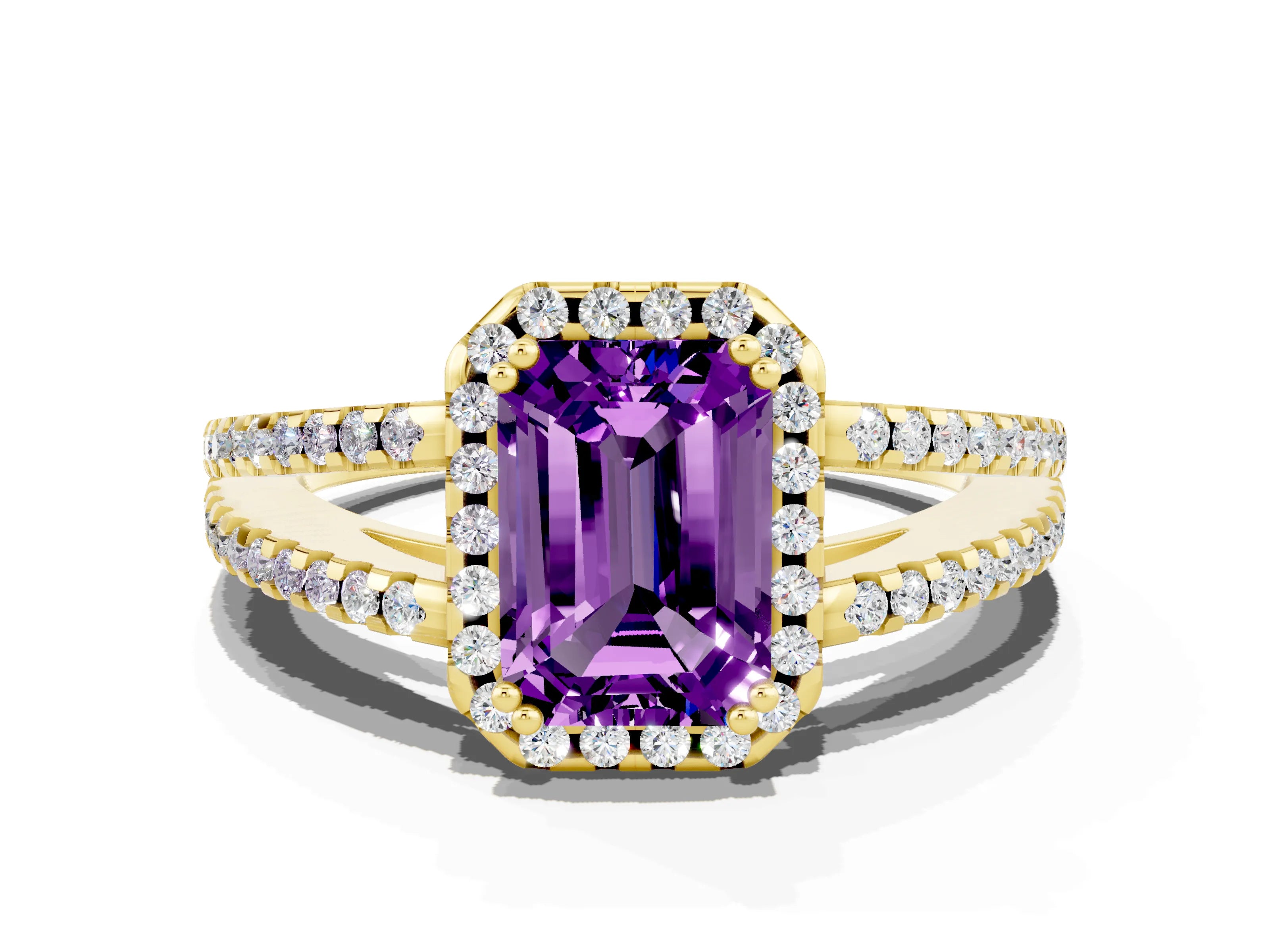 Yellow gold Emerald Cut Amethyst Halo Split Shank Engagement Ring_12
