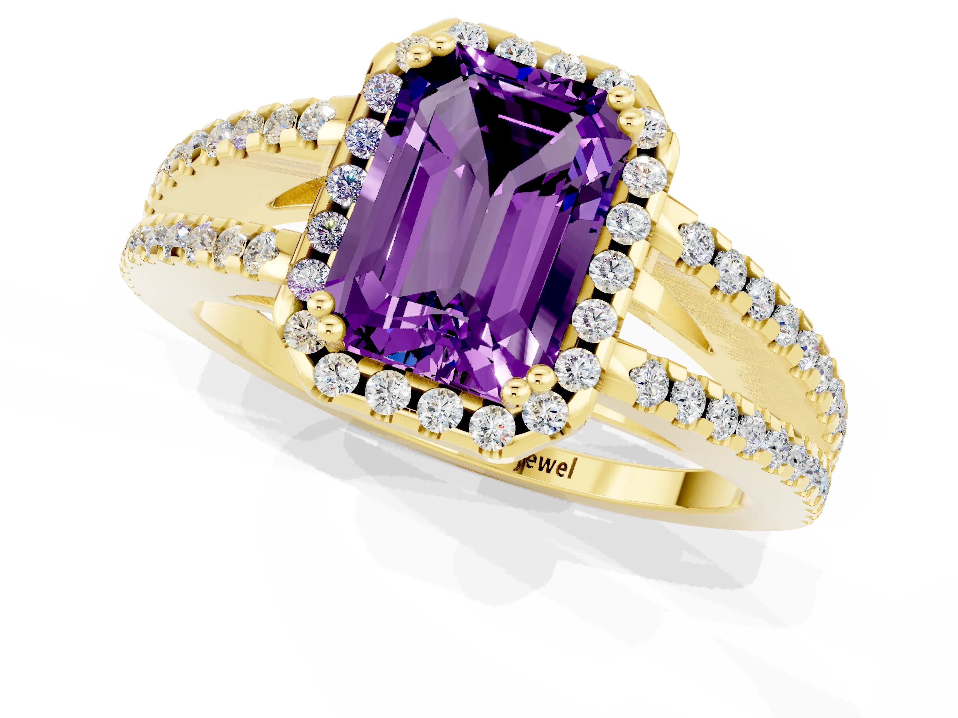 Yellow gold Emerald Cut Amethyst Halo Split Shank Engagement Ring_13